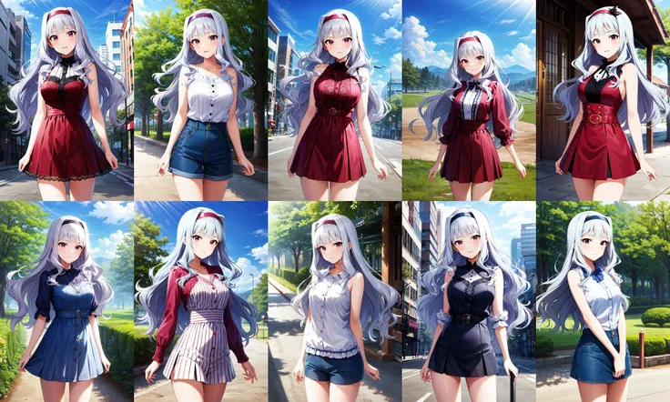 masterpiece, best quality, highres, aatakane, long hair, hairband, <lora:shijou_takane_v1:0.7>, standing, cowboy shot, outdoors