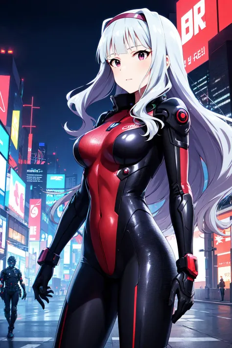 masterpiece, best quality, highres, aatakane, long hair, hairband, <lora:shijou_takane_v1:0.7>, cyberpunk, bodysuit, gloves, standing, cowboy shot, city, night