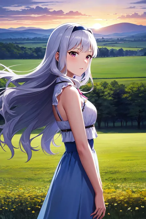 masterpiece, best quality, highres, aatakane, long hair, hairband, <lora:shijou_takane_v1:0.7>, sunset, field, standing, from side