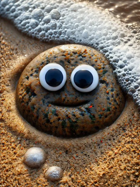 s3f, A quirky still life of various stones with googly eyes, scattered on a sandy shore with gentle sea foam washing over them, giving them life and personality in an otherwise still environment <lora:Seafoam-XL_SickLizard-000008:1> , evocative, HDR, photographed with a Canon EOS R5 for depth and texture, <lora:EnvyBetterHiresFixXL01:0:hr=1>