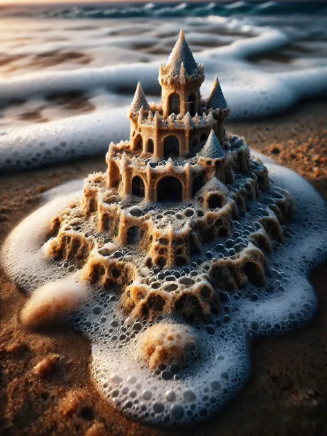 s3f, A tranquil beach scene where the foam creates intricate patterns around a sandcastle, with a background of the ocean transitioning into twilight from a glorious sunset <lora:Seafoam-XL_SickLizard-000008:1>,vibrant, luxurious, HDR, photographed with a medium format Hasselblad H6D-100c for rich detail, <lora:EnvyBetterHiresFixXL01:0:hr=1>