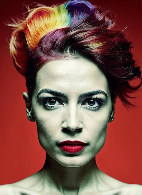 portrait of sks woman by Flora Borsi, style by Flora Borsi, bold, bright colours, rainbow Mohawk haircut, ((Flora Borsi)), <lora:locon_aoc_v1_from_v1_64_32:1.25>