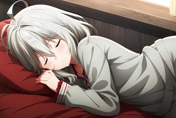 1girl, solo, medium hair, bangs, hair between eyes, ahoge, grey hair, closed eyes, sleeping, bed, pajamas clothes, vera_rustamova