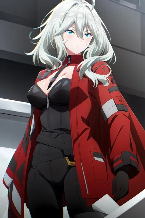 1girl, solo, medium hair, breasts, looking at viewer, bangs, thighhighs, gloves, long sleeves, cleavage, hair between eyes, medium breasts, jacket, ahoge, grey hair, belt, cape, cyan eyes, bodysuit, between breasts, red jacket, zipper, long pants, black pants, vera_rustamova