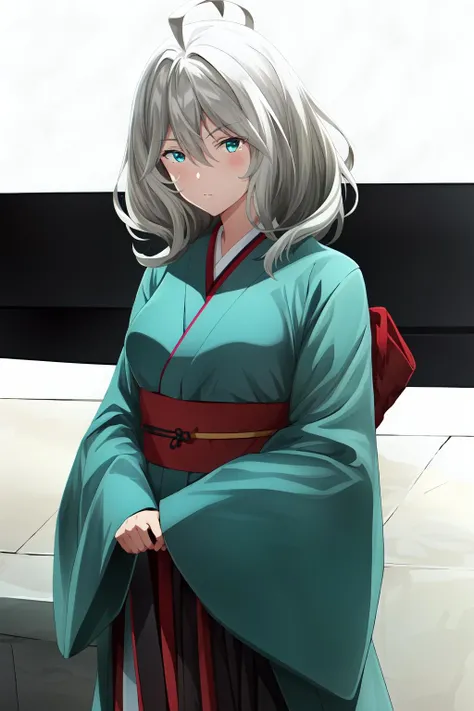 1girl, solo, medium hair, looking at viewer, bangs, hair between eyes, ahoge, grey hair, cyan eyes, kimono, japanese clothes, long kimono, hakama, vera_rustamova