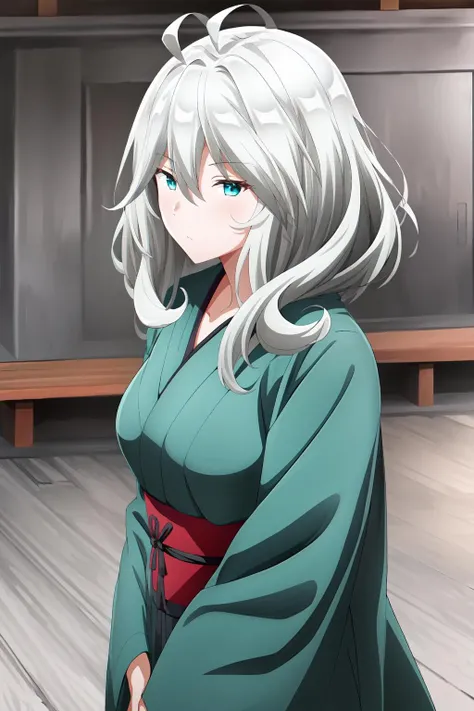 1girl, solo, medium hair, looking at viewer, bangs, hair between eyes, ahoge, grey hair, cyan eyes, kimono, japanese clothes, long kimono, hakama, vera_rustamova