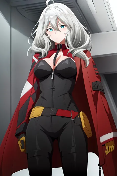 1girl, solo, medium hair, breasts, looking at viewer, bangs, thighhighs, gloves, long sleeves, cleavage, hair between eyes, medium breasts, jacket, ahoge, grey hair, belt, cape, cyan eyes, bodysuit, between breasts, red jacket, zipper, long pants, black pants, vera_rustamova
