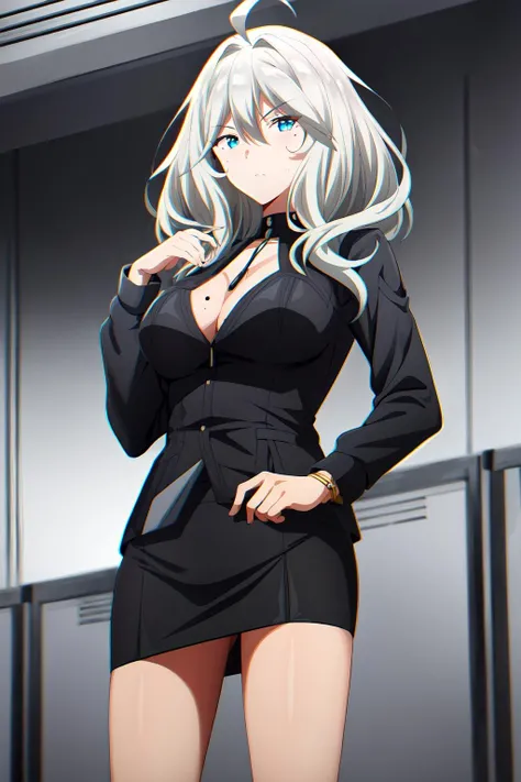 1girl, solo, medium hair, looking at viewer, bangs, hair between eyes, medium breasts, ahoge, grey hair, cyan eyes, formal, suit, jewelry, mole, necklace, pencil skirt, skirt, vera_rustamova