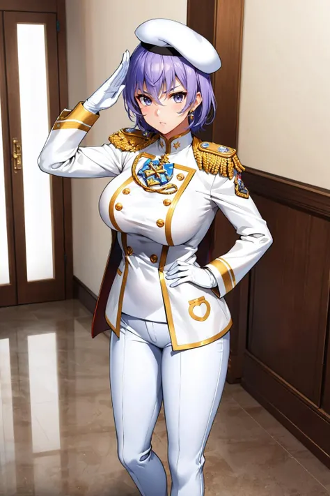 ((masterpiece, best quality)), very detailed,detailed fingers,detailed hands,<lora:mujina001-10:0.8>,large_breasts, ,standing,blush,outdoors,1girl,bangs, mujina, ssss dynazenon, blue_eyes,blue sky,clound, ((((upper body)))),boots, breasts, coat,gloves, high_heel_boots, high_heels, looking_at_viewer, shorts, white_footwear, white_gloves,white_jacket, necktie, long_sleeves,uniform, military_uniform