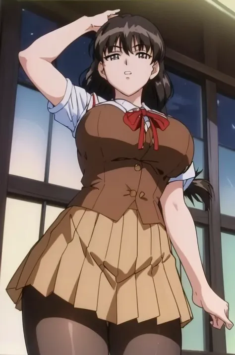 (Night:1.7), Japan, Tokyo, CityView, Before Window, at school,
Standing at attention,black_pantyhose,
Brown_school_uniform, brown_pleated_skirt, neck_ribbon,Brown_Vest,Shirt,
<lora:Miyuki_Sakaki_Isaku-KK77-V1:0.7>,short_sleeves,
black_hair,Long_hair,Bangs,black_Eyes,single_braid,
1 girl, 20yo,mature female,Beautiful Finger,Beautiful long legs,Beautiful body,Beautiful Nose,Beautiful character design, perfect eyes, perfect face,
looking at viewer, in the center of the image,
NSFW,official art,extremely detailed CG unity 8k wallpaper, perfect lighting,Colorful, Bright_Front_face_Lighting,
(masterpiece:1.0),(best_quality:1.0), ultra high res,4K,ultra-detailed,
photography, 8K, HDR, highres, absurdres:1.2, Kodak portra 400, film grain, blurry background, bokeh:1.2, lens flare, (vibrant_color:1.2)
(Beautiful,large_Breasts:1.4), (beautiful_face:1.5),(narrow_waist),