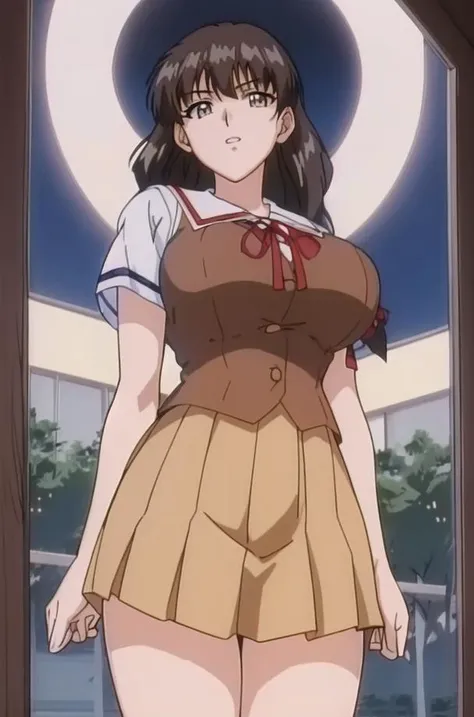 (Night:1.7), Japan, Tokyo, CityView, Before Window, at school,
Standing at attention,
Brown_school_uniform, brown_pleated_skirt, neck_ribbon,Brown_Vest,Shirt,
<lora:Miyuki_Sakaki_Isaku-KK77-V1:0.7>,short_sleeves,black_pantyhose,
black_hair,Long_hair,Bangs,black_Eyes,single_braid,
1 girl, 20yo,mature female,Beautiful Finger,Beautiful long legs,Beautiful body,Beautiful Nose,Beautiful character design, perfect eyes, perfect face,
looking at viewer, in the center of the image,
NSFW,official art,extremely detailed CG unity 8k wallpaper, perfect lighting,Colorful, Bright_Front_face_Lighting,
(masterpiece:1.0),(best_quality:1.0), ultra high res,4K,ultra-detailed,
photography, 8K, HDR, highres, absurdres:1.2, Kodak portra 400, film grain, blurry background, bokeh:1.2, lens flare, (vibrant_color:1.2)
(Beautiful,large_Breasts:1.4), (beautiful_face:1.5),(narrow_waist),