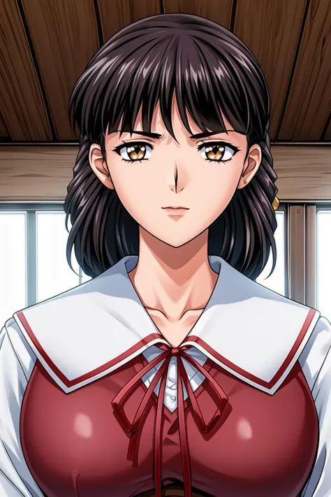 Simple White Background,
school uniform, red ribbon,long sleeves,white shirt,Brown Vest,
<lora:Miyuki_Sakaki_Isaku-KK77-V2:0.7>,<lora:Miyuki_Sakaki_Isaku-KK77-V1:0.3>,
black_hair,Long_hair,Bangs,Brown_eyes,Yellow hair ribbon, 
<lora:Mariana_Luciano_NON_VIRGIN-KK77-V1:0.3>,<lora:more_details:0.1>,
1 girl, 20yo,Young female,Beautiful Finger,Beautiful long legs,Beautiful body,Beautiful Nose,Beautiful character design, perfect eyes, perfect face,expressive eyes,perfect balance,
looking at viewer,(Focus on her face),closed mouth,serious, 
official art,extremely detailed CG unity 8k wallpaper, perfect lighting,Colorful, Bright_Front_face_Lighting,shiny skin, 
(masterpiece:1.0),(best_quality:1.0), ultra high res,4K,ultra-detailed,
photography, 8K, HDR, highres, absurdres:1.2, Kodak portra 400, film grain, blurry background, bokeh:1.2, lens flare, (vibrant_color:1.2),professional photograph, 
(Beautiful,large_Breasts:1.4), (beautiful_face:1.5),(narrow_waist),