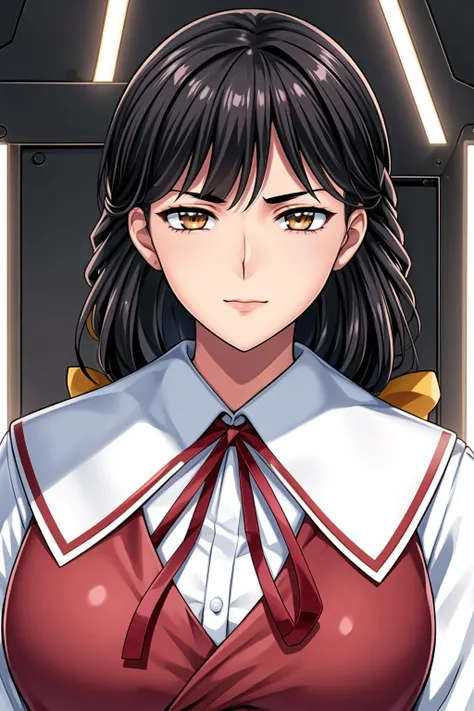 Simple White Background,
school uniform, red ribbon,long sleeves,white shirt,Brown Vest,
<lora:Miyuki_Sakaki_Isaku-KK77-V2:0.7>,
black_hair,Long_hair,Bangs,Brown_eyes,Yellow hair ribbon,
<lora:Mariana_Luciano_NON_VIRGIN-KK77-V1:0.3>,<lora:more_details:0.1>,
1 girl, 20yo,Young female,Beautiful Finger,Beautiful long legs,Beautiful body,Beautiful Nose,Beautiful character design, perfect eyes, perfect face,expressive eyes,perfect balance,
looking at viewer,(Focus on her face),closed mouth,serious,
official art,extremely detailed CG unity 8k wallpaper, perfect lighting,Colorful, Bright_Front_face_Lighting,shiny skin,
(masterpiece:1.0),(best_quality:1.0), ultra high res,4K,ultra-detailed,
photography, 8K, HDR, highres, absurdres:1.2, Kodak portra 400, film grain, blurry background, bokeh:1.2, lens flare, (vibrant_color:1.2),professional photograph,
(Beautiful,large_Breasts:1.4), (beautiful_face:1.5),(narrow_waist),
