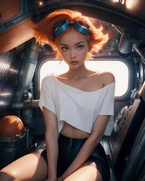 ospb, (Glamour:1.3) Photograph of a radiant sensualEdward,hourglass figure, midriff, orange hair,white shirt,off shoulder,collarbone,tanned skin,black bike shorts, goggles on head, space station,engine room,upper body,sitting,
(insanely detailed, beautiful detailed face, masterpiece, best quality) Studio lighting, deep shadows, <lora:EDWARDCBBB-10:0.8> <lora:ospb:1>