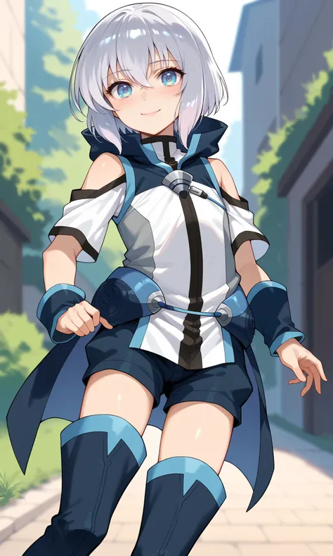 score_9, score_8_up, score_7_up, score_6_up, BREAK
solo, 1boy, otoko no ko, ernestiechevalier, blue eyes, blush, eyebrows visible through hair, hair between eyes, looking at viewer, smile, solo, shorts, thigh boots, 
looking at viewer, light smile, 
outdoors, 
<lora:ErnestiEchevalier_Pony:1>