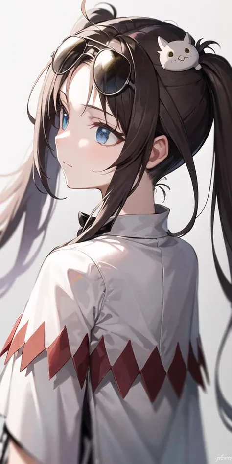 <lora:yu_locon_v1b:0.8>,1girl,solo,shirt,cape, from behind, looking away, reflection, simple background, twintails, flower, hair ornament, eyewear on head, upper body, brown hair,