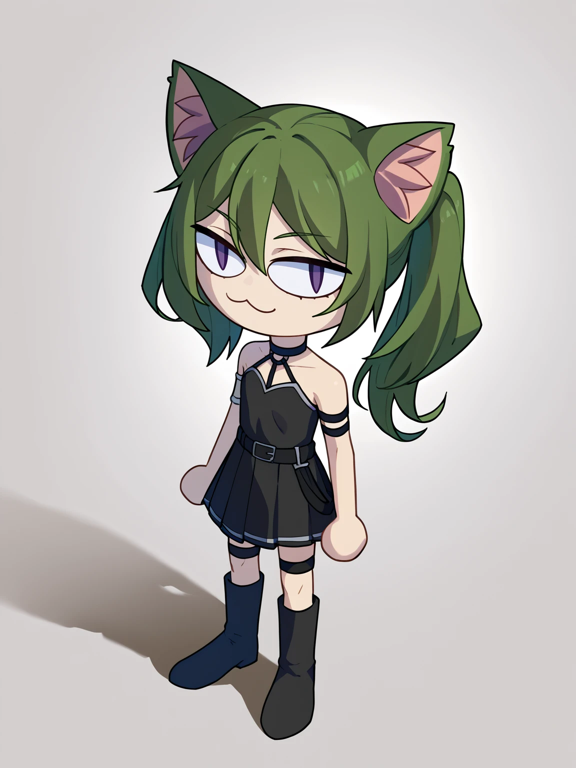 score_9, score_8_up, score_7_up, BREAK, 1girl, necoarc, cat ears,
ubel, green hair, side ponytail, purple eyes, chocker, bare shoulders, black dress, arm strap, armlet, pleated skirt, single glove, thigh strap, socks, black knee boots,
standing, chibi, slit pupils, solo, full body, white background <lora:necoarc-guy-PONY-v1:1.2> <lora:UbelXL:1>