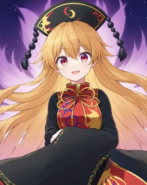 junko \(touhou\),1girl, tabard, solo, open_mouth, chinese_clothes, wide_sleeves, heterochromia, looking_at_viewer, hat, smile, black_dress, colored_sclera, fangs, long_sleeves, black_headwear
<lora:junko_(touhou)_image6079_2023-12-20-000007:1>,star-shaped_pupils,symbol-shaped_pupils,. gorgeous,key visual, vibrant, studio anime,award-winning, professional, highly detailed,high budget, cinemascope