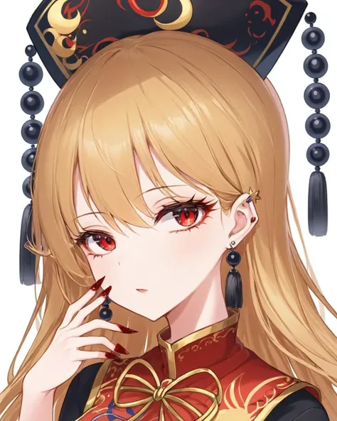junko \(touhou\),1girl, solo, earrings, blood_from_mouth, tabard, tassel, black_dress, white_background, hat, parted_lips, looking_at_viewer, crescent, red_nails, upper_body, nail_polish, simple_background, eyelashes, lips, chinese_clothes, head_tilt, long_fingernails, red_lips, hand_up, black_headwear, makeup, sidelocks, sharp_fingernails, blood_on_hands
<lora:junko_(touhou)_image6079_2023-12-20-000007:1>,star-shaped_pupils,symbol-shaped_pupils,. gorgeous,key visual, vibrant, studio anime,award-winning, professional, highly detailed,high budget, cinemascope