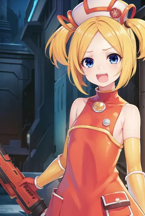 bsha, <lyco:bsha-lyco-nochekaiser:1>,
bsha, short hair, blue eyes, blonde hair, twintails, short twintails, <lora:talkmouth_A_v100:1>, open mouth,
BREAK gloves, hat, dress, boots, gun, huge weapon, orange footwear, orange dress, bare shoulders, red gloves,
BREAK indoors,
BREAK looking at viewer, (cowboy shot:1.5),
BREAK <lyco:GoodHands-beta2:1>, (masterpiece:1.2), best quality, high resolution, unity 8k wallpaper, (illustration:0.8), (beautiful detailed eyes:1.6), extremely detailed face, perfect lighting, extremely detailed CG, (perfect hands, perfect anatomy),