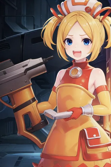 bsha, <lyco:bsha-lyco-nochekaiser:1>,
bsha, short hair, blue eyes, blonde hair, twintails, short twintails, <lora:talkmouth_A_v100:1>, open mouth,
BREAK gloves, hat, dress, boots, gun, huge weapon, orange footwear, orange dress, bare shoulders, red gloves,
BREAK indoors,
BREAK looking at viewer, (cowboy shot:1.5),
BREAK <lyco:GoodHands-beta2:1>, (masterpiece:1.2), best quality, high resolution, unity 8k wallpaper, (illustration:0.8), (beautiful detailed eyes:1.6), extremely detailed face, perfect lighting, extremely detailed CG, (perfect hands, perfect anatomy),