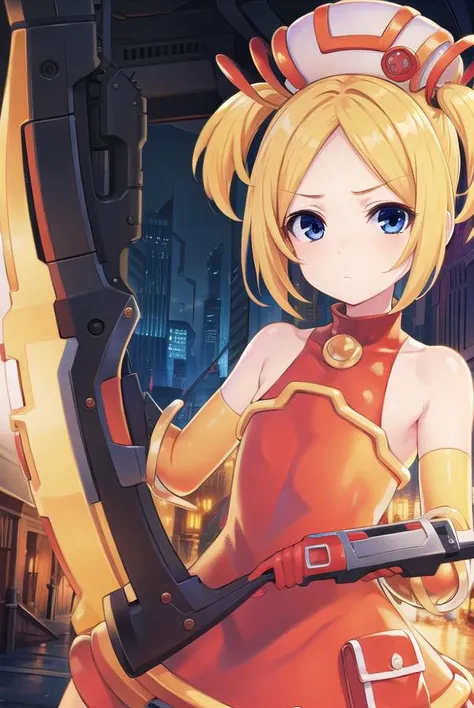 bsha, <lyco:bsha-lyco-nochekaiser:1>,
bsha, short hair, blue eyes, blonde hair, twintails, short twintails,
BREAK gloves, hat, dress, boots, gun, huge weapon, orange footwear, orange dress, bare shoulders, red gloves,
BREAK indoors,
BREAK looking at viewer, (cowboy shot:1.5),
BREAK <lyco:GoodHands-beta2:1>, (masterpiece:1.2), best quality, high resolution, unity 8k wallpaper, (illustration:0.8), (beautiful detailed eyes:1.6), extremely detailed face, perfect lighting, extremely detailed CG, (perfect hands, perfect anatomy),