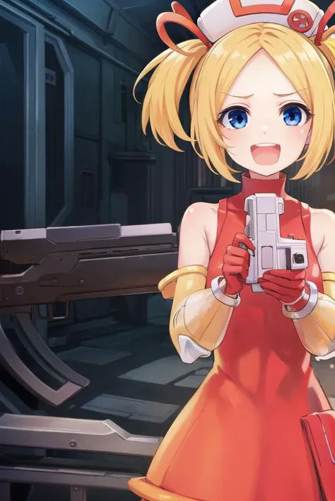 bsha, <lyco:bsha-lyco-nochekaiser:1>,
bsha, short hair, blue eyes, blonde hair, twintails, short twintails, <lora:talkmouth_A_v100:1>, open mouth,
BREAK gloves, hat, dress, boots, gun, huge weapon, orange footwear, orange dress, bare shoulders, red gloves,
BREAK indoors,
BREAK looking at viewer, (cowboy shot:1.5),
BREAK <lyco:GoodHands-beta2:1>, (masterpiece:1.2), best quality, high resolution, unity 8k wallpaper, (illustration:0.8), (beautiful detailed eyes:1.6), extremely detailed face, perfect lighting, extremely detailed CG, (perfect hands, perfect anatomy),