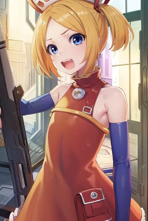 bsha, <lyco:bsha-lyco-nochekaiser:1>,
bsha, short hair, blue eyes, blonde hair, twintails, short twintails, <lora:talkmouth_A_v100:1>, open mouth,
BREAK gloves, hat, dress, boots, gun, huge weapon, orange footwear, orange dress, bare shoulders, red gloves,
BREAK indoors,
BREAK looking at viewer, (cowboy shot:1.5),
BREAK <lyco:GoodHands-beta2:1>, (masterpiece:1.2), best quality, high resolution, unity 8k wallpaper, (illustration:0.8), (beautiful detailed eyes:1.6), extremely detailed face, perfect lighting, extremely detailed CG, (perfect hands, perfect anatomy),