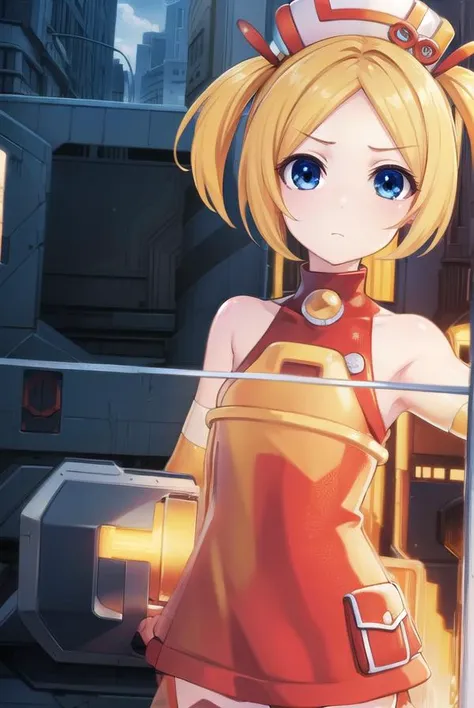 bsha, <lyco:bsha-lyco-nochekaiser:1>,
bsha, short hair, blue eyes, blonde hair, twintails, short twintails,
BREAK gloves, hat, dress, boots, gun, huge weapon, orange footwear, orange dress, bare shoulders, red gloves,
BREAK indoors,
BREAK looking at viewer, (cowboy shot:1.5),
BREAK <lyco:GoodHands-beta2:1>, (masterpiece:1.2), best quality, high resolution, unity 8k wallpaper, (illustration:0.8), (beautiful detailed eyes:1.6), extremely detailed face, perfect lighting, extremely detailed CG, (perfect hands, perfect anatomy),