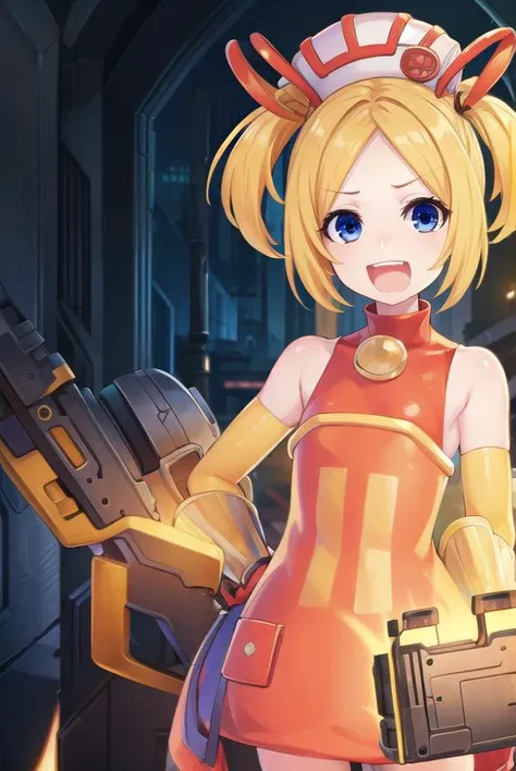 bsha, <lyco:bsha-lyco-nochekaiser:1>,
bsha, short hair, blue eyes, blonde hair, twintails, short twintails, <lora:talkmouth_A_v100:1>, open mouth,
BREAK gloves, hat, dress, boots, gun, huge weapon, orange footwear, orange dress, bare shoulders, red gloves,
BREAK indoors,
BREAK looking at viewer, (cowboy shot:1.5),
BREAK <lyco:GoodHands-beta2:1>, (masterpiece:1.2), best quality, high resolution, unity 8k wallpaper, (illustration:0.8), (beautiful detailed eyes:1.6), extremely detailed face, perfect lighting, extremely detailed CG, (perfect hands, perfect anatomy),