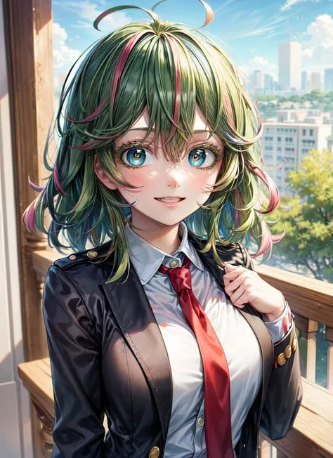 ((best quality)), ((highly detailed)), masterpiece, absurdres, (detailed eyes, deep eyes), <lora:more_details:.7>, (1girl), dynamic pose, upper body, <lora:hagakure_tooru_AsuraAI:1>, hagakure_tooru, medium hair, green hair, multicolored hair, messy hair, aqua eyes, multicolored eyes, thick green eyelashes, smiling, medium breasts, white shirt, collared shirt, red necktie, grey jacket, blazer, green skirt, black socks, school uniform, (outdoors, at a resort, afternoon)