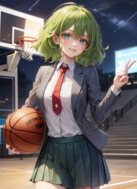 ((best quality)), ((highly detailed)), masterpiece, absurdres, (detailed eyes, deep eyes), (1girl), from the front, cowboy shot, <lora:hairdetailer:.7>, <lora:hagakure_tooru_AsuraAI:.8>, hagakure_tooru, short hair, green hair, multicolored hair, messy hair, aqua eyes, multicolored eyes, thick green eyelashes, smiling, medium breasts, white shirt, collared shirt, red necktie, grey jacket, blazer, green skirt, black socks, school uniform, (outside, on a basketball court, midnight, night sky, stars, moonlight, shooting star)
