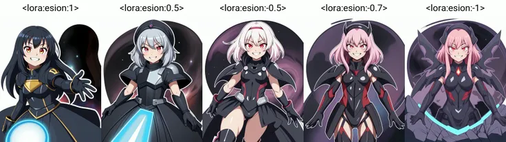 <lora:esion:1>,esion, 1girl, (black outline vector graphics:1.1), hero battle, black gloves, anime_coloring, grin, galaxy, glowing eyes