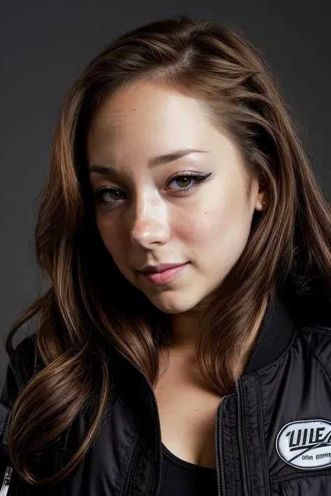 r3mylacroix, (eyeliner:1.2), a woman wearing (bomber jacket:1.1), modelshoot style, <lora:add_detail:1>