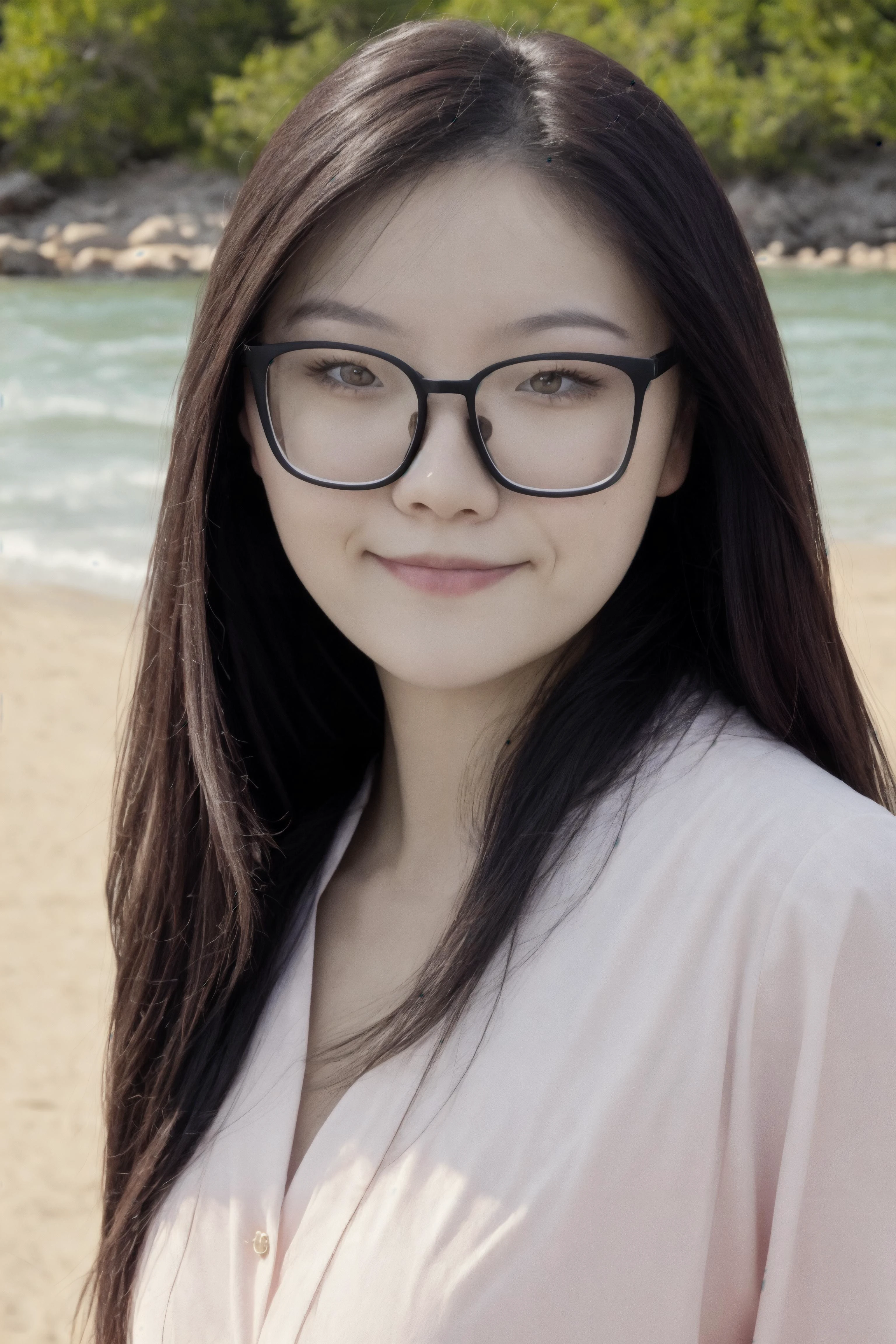 upper 3/4 portrait, Romantic photography, a young Chinese woman, 23 years old, <lora:zyc:1.3>, pale skin, thin eyebrows, long blow-out hair, wearing glasses, cinematic photo girl, looking at the viewer, endearing smile, wearing a cute summer dress, standing, on the beach, sunset and rolling surf, .35mm photograph, film, bokeh, professional, 4k, highly detailed, <lora:real_skin:1>, <lora:add_detail:0.3>