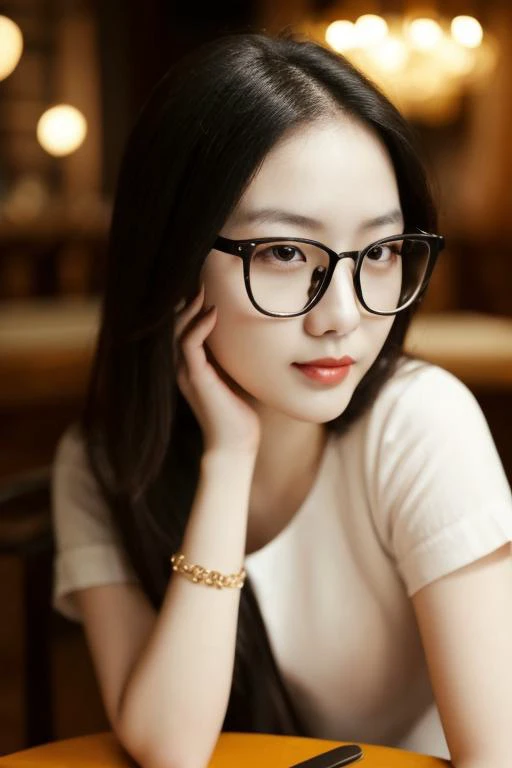 cinematic photo woman, Romantic portrait, 23 year old Chinese woman, <lora:zyc:1>, wearing glasses, At a romantic dinner date, looking at the viewer with a seductive expression, .35mm photograph, film, bokeh, professional, 4k, highly detailed,