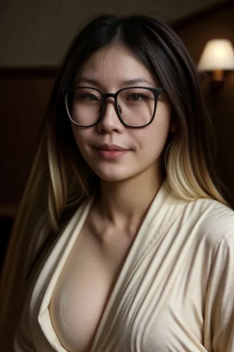 a close up of a woman with glasses posing for a picture, 2 7 years old, 2 8 years old, 2 9 years old, sie boob, 30 years old woman, 3 0 years old woman, 38 years old, 2 3 years old, asian, (38 years old), asian nymph bald goddess, 2 2 years old, naked, nsfw