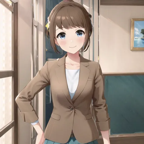 high quality, best quality, masterpiece, absurdres, hashimoto satomi, uniform, 1girl,  <lora:satomi-000004:0.7>, smile, blush