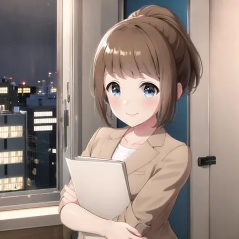 high quality, best quality, masterpiece, absurdres, hashimoto satomi, uniform, 1girl, <lora:satomi-000004:0.7>, smile, blush, office, evening, looking_at_viewer, hugging_documents, solo