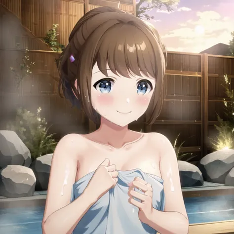 high quality, best quality, masterpiece, absurdres, hashimoto satomi, naked_towel, 1girl,  <lora:satomi-000004:0.7>, smile, blush, onsen, dusk, looking_at_viewer, sweat