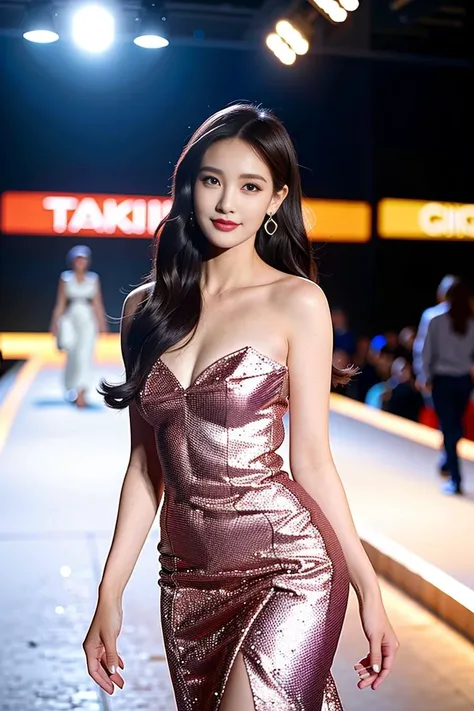 (goddess-like happiness:1.2), Kpop idol, skinny, floating hairs, ,near shot, (RAW photo:1.2), (photorealistic:1.4), (masterpiece:1.3), (intricate details:1.2), A stunning supermodel struts down the catwalk with confidence and poise. Her long legs effortlessly carry her down the runway, and her graceful movements captivate the audience's attention. She wears an elegant and stylish cheongsam that accentuates her curves and enhances her beauty. The fabric flows effortlessly as she moves, creating a mesmerizing visual display. As she reaches the end of the runway, she pauses and strikes a pose, showcasing her outfit from every angle. Her fierce gaze and confident demeanor leave a lasting impression on the audience as she turns and walks back down the runway, leaving a trail of admiration in her wake. Meanwhile, backstage, other models are preparing for their turn on the runway, putting finishing touches on their hair and makeup, and practicing their poses. The atmosphere is buzzing with energy and excitement as everyone works together to create a flawless and unforgettable show.