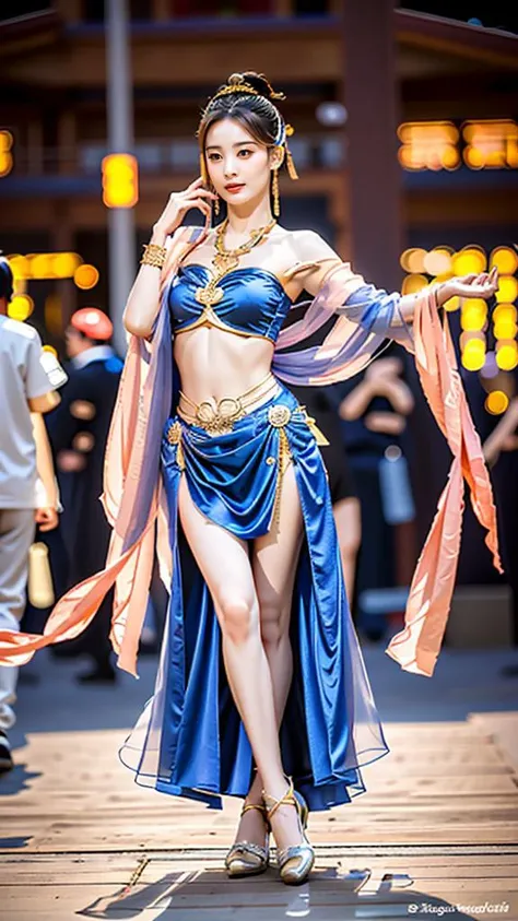 (goddess-like happiness,flirtatious ,seductive:1.4),(RAW photo:1.2),(photorealistic:1.6),(masterpiece:1.3),(intricate details:1.2),(detailed face:1.2),dramatic,ray tracing,fashion photograph,fFaceDetail,Full body,<lora:goodhands_Beta_Gtonero:0.5>,good hands,Sharp focus,cinematic lighting,
<lora:æä¸æ¡Liyitong_v11:0.8:lbw=FACE>,,<lora:dunhuangV3:0.7>,(dunhuang,Chinese Dunhuang Flying Fairy,floating clothes,floating flower,pov legs,thighs,dunhuang cloths,hanfu,waist cape,strapless,navel,robe:1.2),<lora:PerfectBreastsV4-offset:0.3>,(1girl,solo,outdoors,night time,dancing:1.6),confident smile,beautful face,(large breasts, narrow waist:1.2),sexy body,perfect body,shiny hairs,hair ornament,earrings,necklace,jewelry,confident,showcasing,buzzing atmosphere,