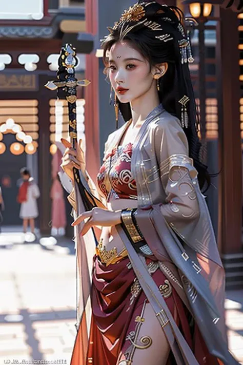 CR1.3,(flirtatious ,seductive:1.4),(RAW photo:1.2),(photorealistic:1.6),(lens 135mm,f1.8:1.2),(ultimate quality, masterpiece:1.3),(intricate details:1.2),(detailed face:1.2),dramatic,ray tracing,fashion photograph,<lora:goodhands_Beta_Gtonero:0.5:lbw=HAND>,good hands,Fixhand,fFaceDetail,Full body,Sharp focus,cinematic lighting,
<lora:dunhuangV3:1:lbw=CLOTHING>,(floating clothes,thighs,dunhuang cloths,hanfu,waist cape,strapless,navel,robe:1.2),
<lora:æä¸æ¡Liyitong_v11:0.8:lbw=FACE>,,
<lora:UnlimitedBladeWorks1.6-Lycoris:0.5:lbw=ACT>,Unlimited Blade Works,holding weapon,<lora:ChineseweaponsV2:0.3>,å,ä¸å½å
µå¨,
<lora:Chinesestyle_swordswoman:0.8:lbw=ACT>,Chinese style,(holding sword,sword, fighting stance:1.6),,
(1girl,solo,outdoors,war castle:1.6),confident smile,beautful face,<lora:PerfectBreastsV4-offset:0.5:lbw=BODY>,(large breasts, narrow waist:1.2),sexy body,perfect body,shiny hairs,<lora:zanhua_v1:0.65>,zanhua,hair ornament,earrings,necklace,jewelry,
(anatomically correct hands,anatomically correct feet,anatomically correct body:1.6),