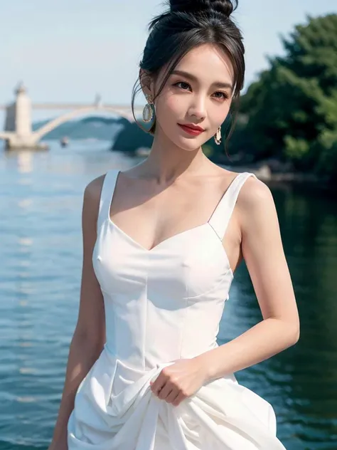 A woman in a white dress standing on a boat in the water - SeaArt AI