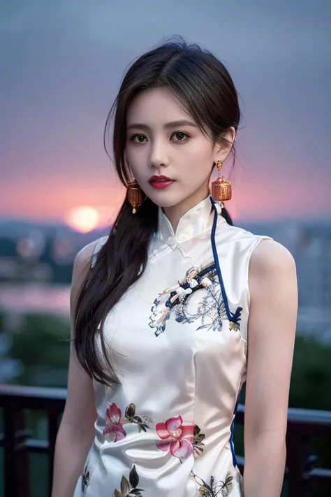 (sleeveless chinese clothes:1.5), floral print, (night cityscape background:1.5), (1girl:1.6), long hair, ulzzang-6500v1.1, (original: 1.2), (realistic: 1.3) , beautiful girl with beautiful details, extremely detailed eyes and face, eyes with beautiful details, absurd, incredibly absurd, huge file size, ultra detail, high resolution, ultra detailed, best quality, masterpiece, illustration, ultra detailed and beautiful, ultra detailed, CG, unity, 8k wallpaper, amazing, fine Detail, masterpiece, top quality, official art, extremely detailed CG unity 8k wallpaper, cinematic lighting, (perfect shiny skin:0.6), slim and smooth lines, (floating), (small breasts:1), diamond earrings, <lora:Liyitong_v11:0.7>