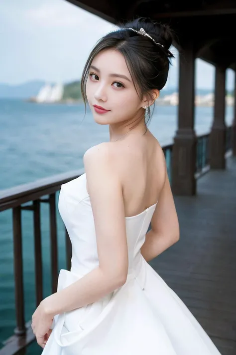 1girl, solo, realistic, smile, head tilt, white dress, grin, upper body, ( sea, bridge, background:1.5), (bun:1.5), ulzzang-6500v1.1, (original: 1.2), (realistic: 1.3) , beautiful girl with beautiful details, extremely detailed eyes and face, eyes with beautiful details, absurd, incredibly absurd, huge file size, ultra detail, high resolution, ultra detailed, best quality, masterpiece, illustration, ultra detailed and beautiful, ultra detailed, CG, unity, 8k wallpaper, amazing, fine Detail, masterpiece, top quality, official art, extremely detailed CG unity 8k wallpaper, cinematic lighting, (perfect shiny skin:0.6), slim and smooth lines, (floating), (small breasts:1), diamond earrings, <lora:Liyitong_v11:0.6> <lora:Korean-doll-likeness:0.2>