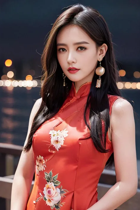 (sleeveless chinese clothes:1.5), floral print, (night cityscape background:1.5), (1girl:1.6), long hair, ulzzang-6500v1.1, (original: 1.2), (realistic: 1.3) , beautiful girl with beautiful details, extremely detailed eyes and face, eyes with beautiful details, absurd, incredibly absurd, huge file size, ultra detail, high resolution, ultra detailed, best quality, masterpiece, illustration, ultra detailed and beautiful, ultra detailed, CG, unity, 8k wallpaper, amazing, fine Detail, masterpiece, top quality, official art, extremely detailed CG unity 8k wallpaper, cinematic lighting, (perfect shiny skin:0.6), slim and smooth lines, (floating), (small breasts:1), diamond earrings, <lora:Liyitong_v11:0.7>