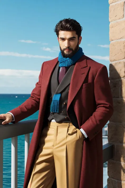 (Absurdres, Absurd Amount of Details, Intricate Details, Masterpiece, Best Quality, High Resolution, 8k),
(1man), (male:1.2), masked face, finely detailed eyes and face, slender yet athletic build body, exudes charisma and youthful approachable look, tanned skin,
leaning against a railing with one hand on hip,
Celtic,
tuxedo,
rust orange,
harmonious,
Mongolian,
cheerful,
deep blue,
coral orange,
scarf,
Caesar cut,
Dutch beard,
doctor outfit,
mermaid,
age spots,