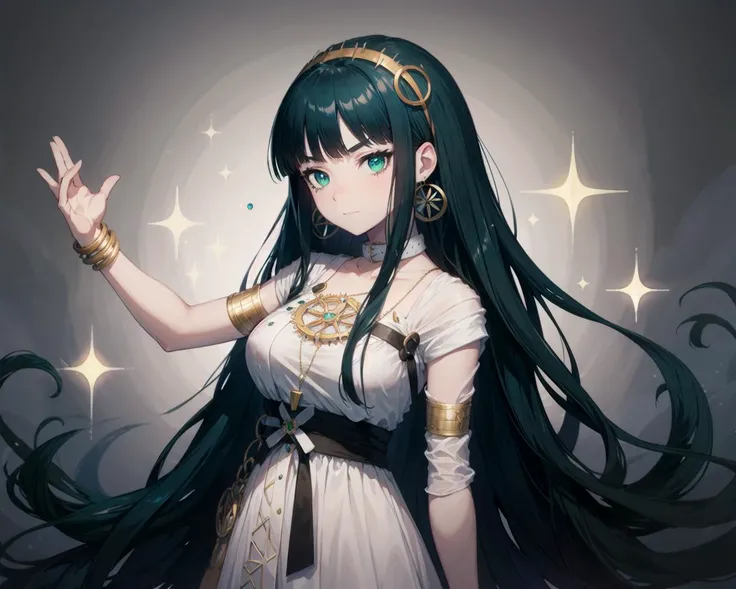 masterpiece, best quality, (cleodress:1.1), anime, flat color, cel shading, (outstretched arm:1), (v-shaped eyebrows:1.3), 1girl, blunt bangs, green eyes, eyeliner, very long hair, green hair, hairband, jewelry, hoop earrings, medium breasts, white dress, sleeveless dress, cross-laced slit, black sash, simple background, sparkle effects, shiny, finely detailed background, amazing background