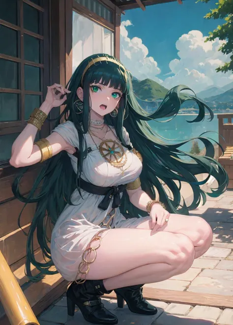 masterpiece, best quality, anime illustration, highly detailed, 2d, (cleopatra_\(fate)\:1.3), fgocleo, chicken coop, cleodress, white dress, cross-laced dress, thighs, legs, 1girl, long hair, blunt bangs, bangs, green eyes, very long hair, green hair, hairband, jewelry, earrings, hoop earrings, breasts, medium breasts, scared, squatting